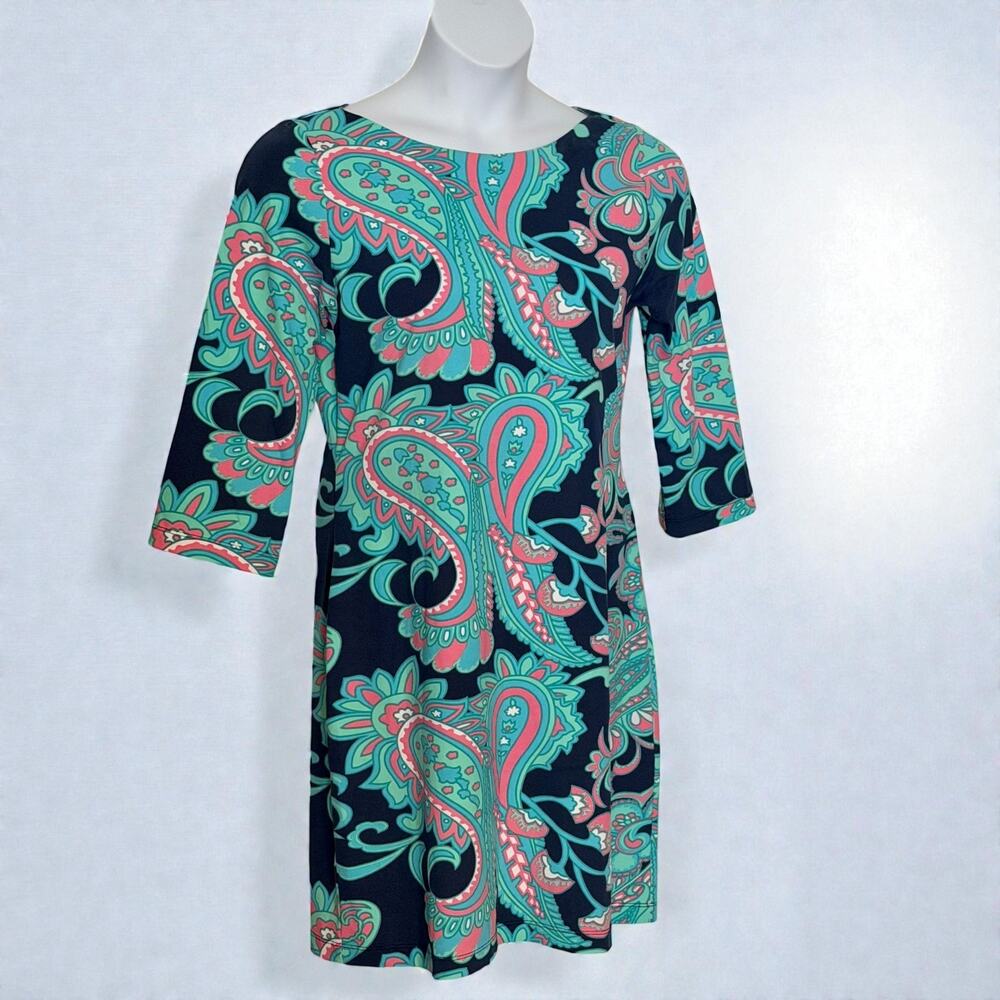 Britt Paisley Shift Dress Navy Pink Aqua Preppy Resort Stretch Knee USA Sz M